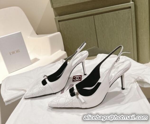 Classic Hot Dior Slingback Pumps 8.5cm in Cannage Patent Leather with Mini Buckle White 126028