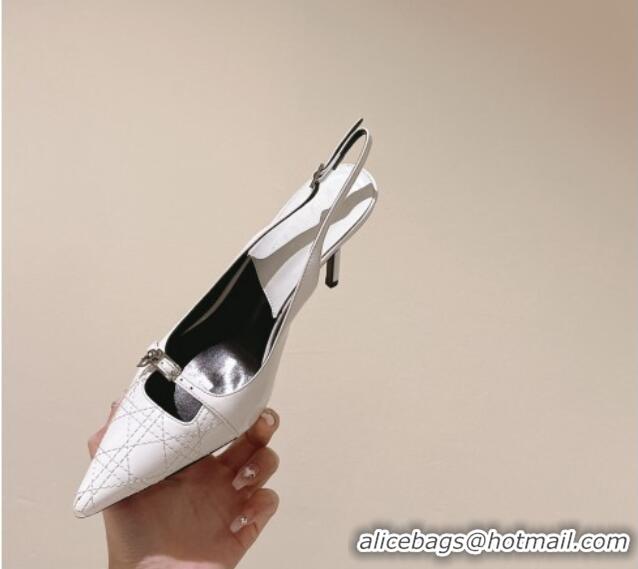 Classic Hot Dior Slingback Pumps 8.5cm in Cannage Patent Leather with Mini Buckle White 126028