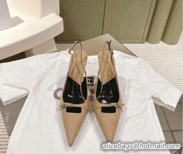 Most Popular Dior Slingback Pumps 8.5cm in Cannage Patent Leather with Mini Buckle Beige 126029