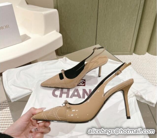 Most Popular Dior Slingback Pumps 8.5cm in Cannage Patent Leather with Mini Buckle Beige 126029