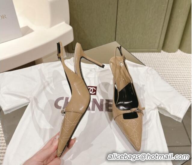 Most Popular Dior Slingback Pumps 8.5cm in Cannage Patent Leather with Mini Buckle Beige 126029