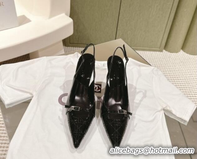 Buy Luxury Dior Slingback Pumps 8.5cm in Cannage Patent Leather with Mini Buckle Black 126030