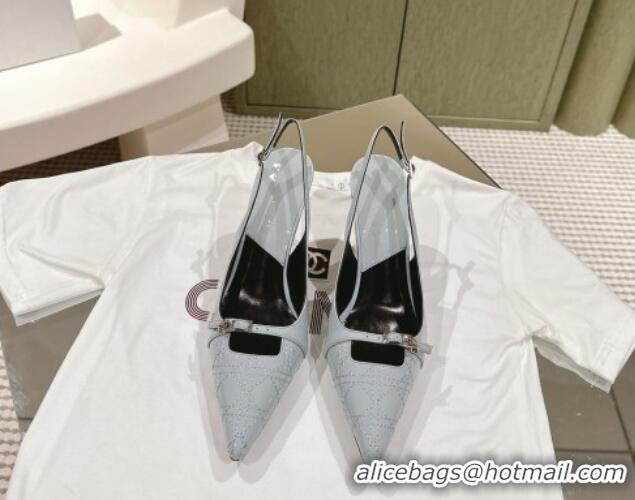 Good Quality Dior Slingback Pumps 8.5cm in Cannage Patent Leather with Mini Buckle Light Grey 0126031