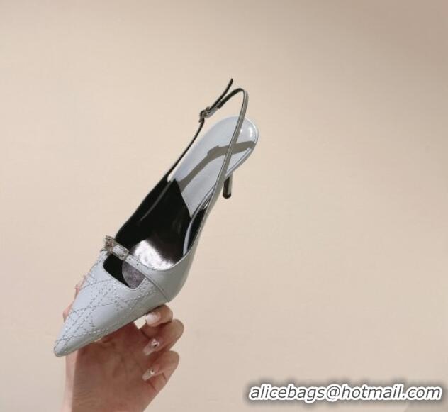 Good Quality Dior Slingback Pumps 8.5cm in Cannage Patent Leather with Mini Buckle Light Grey 0126031