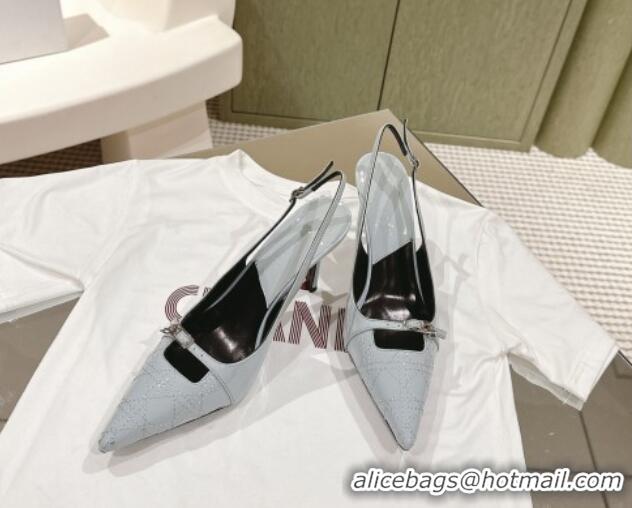 Good Quality Dior Slingback Pumps 8.5cm in Cannage Patent Leather with Mini Buckle Light Grey 0126031