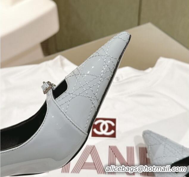 Good Quality Dior Slingback Pumps 8.5cm in Cannage Patent Leather with Mini Buckle Light Grey 0126031