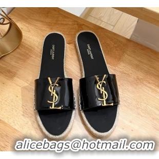 Hot Style Saint Laurent YSL Espadrilles Flat Slide Sandals in Patent Leather Black 125062