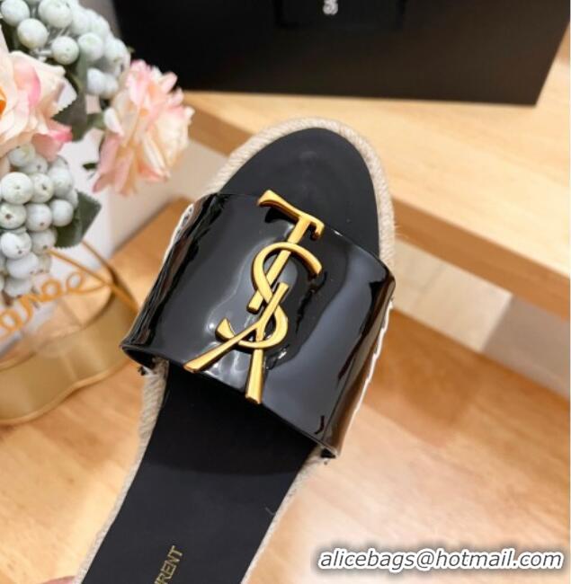 Hot Style Saint Laurent YSL Espadrilles Flat Slide Sandals in Patent Leather Black 125062