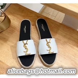 Popular Style Saint Laurent YSL Espadrilles Flat Slide Sandals in Patent Leather White 125063