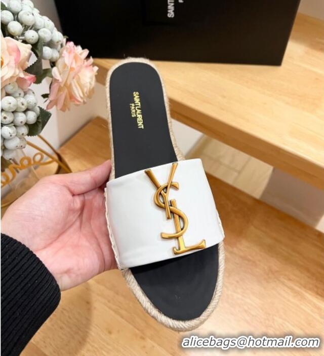 Popular Style Saint Laurent YSL Espadrilles Flat Slide Sandals in Patent Leather White 125063