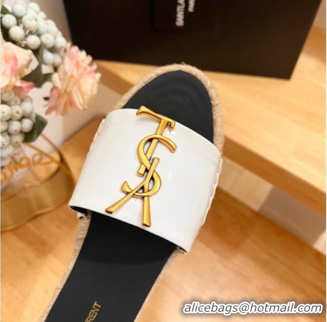 Popular Style Saint Laurent YSL Espadrilles Flat Slide Sandals in Patent Leather White 125063