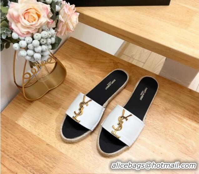 Popular Style Saint Laurent YSL Espadrilles Flat Slide Sandals in Patent Leather White 125063