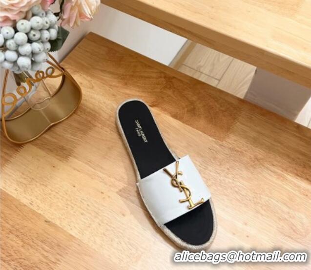 Popular Style Saint Laurent YSL Espadrilles Flat Slide Sandals in Patent Leather White 125063