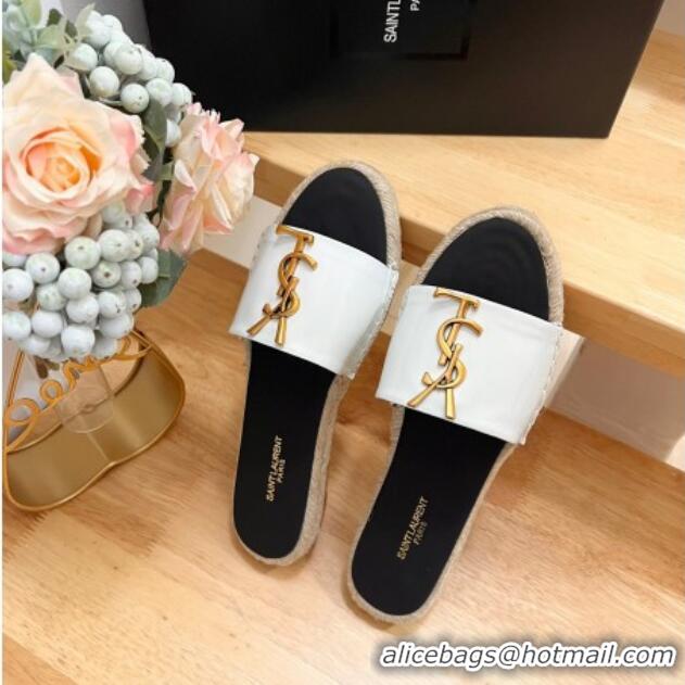 Popular Style Saint Laurent YSL Espadrilles Flat Slide Sandals in Patent Leather White 125063