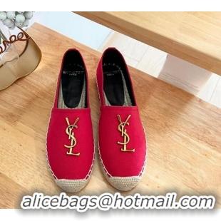 Luxury Cheap Saint Laurent YSL Espadrilles Flat in Linen Fabric Red 0125064