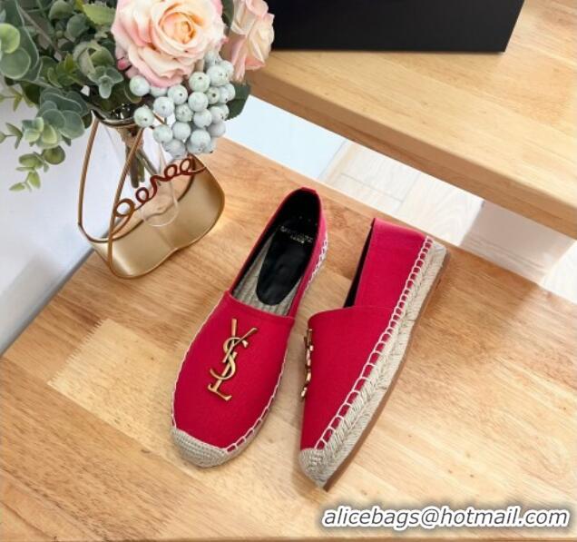 Luxury Cheap Saint Laurent YSL Espadrilles Flat in Linen Fabric Red 0125064