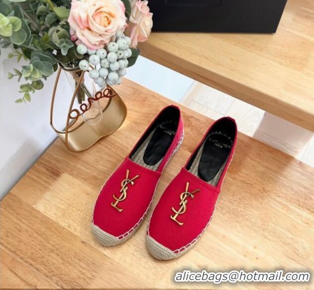 Luxury Cheap Saint Laurent YSL Espadrilles Flat in Linen Fabric Red 0125064