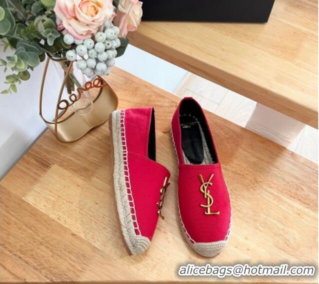 Luxury Cheap Saint Laurent YSL Espadrilles Flat in Linen Fabric Red 0125064