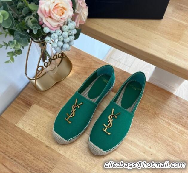 Top Design Saint Laurent YSL Espadrilles Flat in Linen Fabric Green 125065