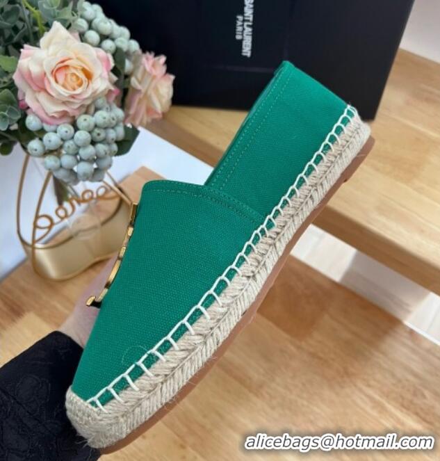 Top Design Saint Laurent YSL Espadrilles Flat in Linen Fabric Green 125065