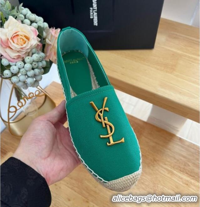 Top Design Saint Laurent YSL Espadrilles Flat in Linen Fabric Green 125065