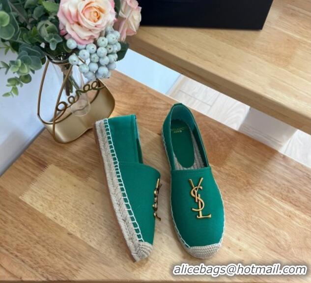 Top Design Saint Laurent YSL Espadrilles Flat in Linen Fabric Green 125065