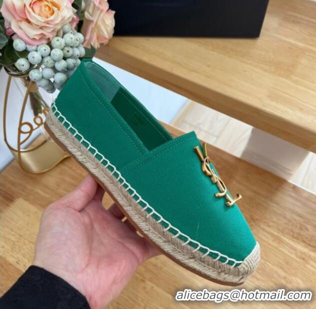 Top Design Saint Laurent YSL Espadrilles Flat in Linen Fabric Green 125065