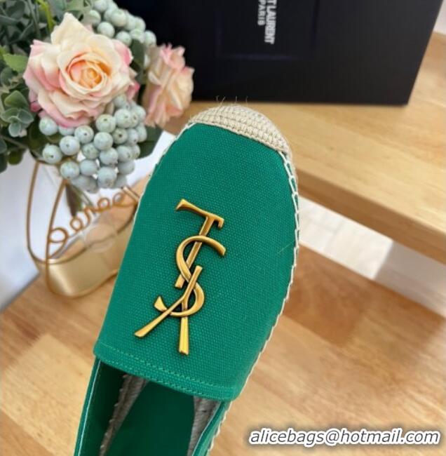 Top Design Saint Laurent YSL Espadrilles Flat in Linen Fabric Green 125065