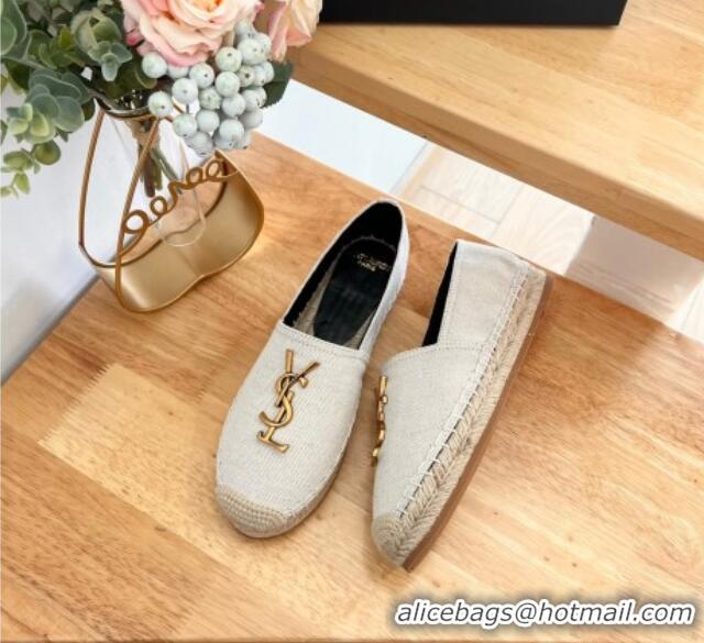 Trendy Design Saint Laurent YSL Espadrilles Flat in Linen Fabric White 125066