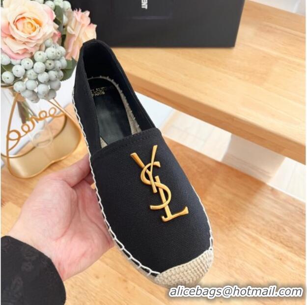 Best Price Saint Laurent YSL Espadrilles Flat in Linen Fabric Black 125067