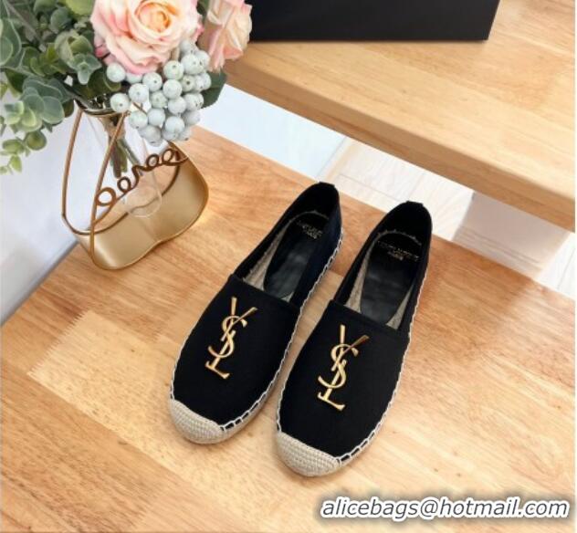 Best Price Saint Laurent YSL Espadrilles Flat in Linen Fabric Black 125067