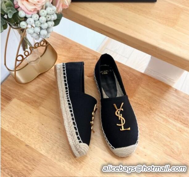 Best Price Saint Laurent YSL Espadrilles Flat in Linen Fabric Black 125067