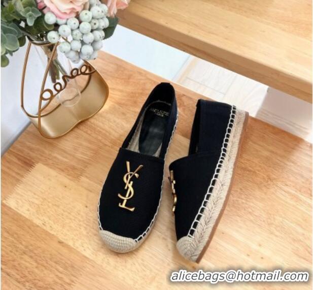 Best Price Saint Laurent YSL Espadrilles Flat in Linen Fabric Black 125067