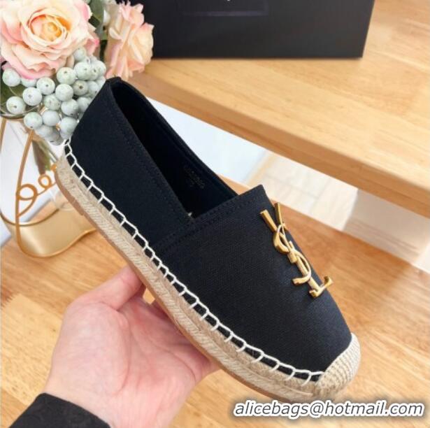 Best Price Saint Laurent YSL Espadrilles Flat in Linen Fabric Black 125067