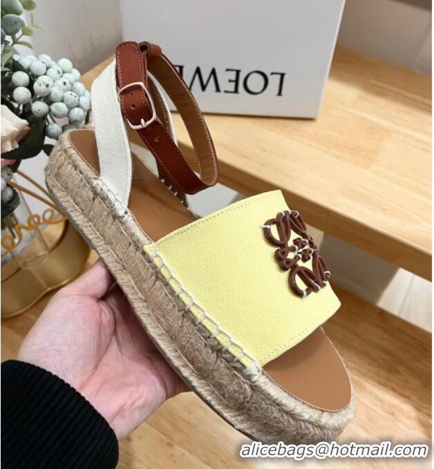 Popular Style Loewe Anagram Flat Espadrilles Sandals in Calfskin and Canvas Yellow 125033