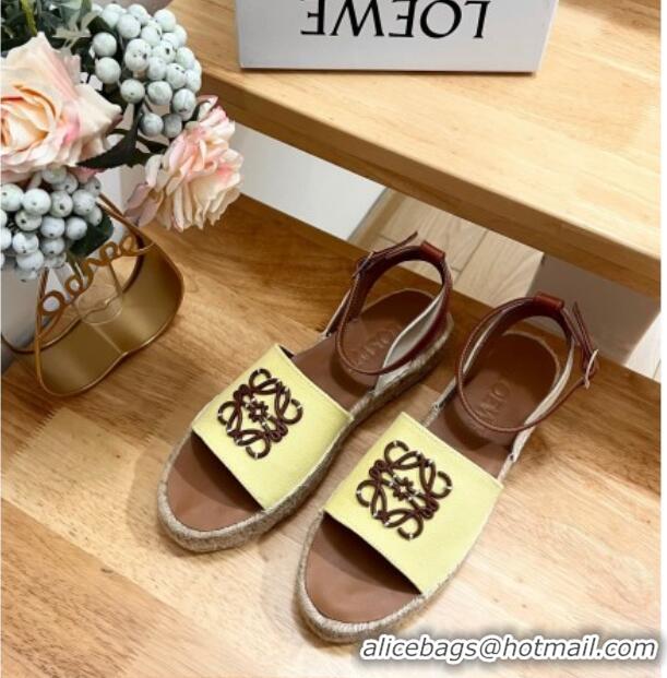 Popular Style Loewe Anagram Flat Espadrilles Sandals in Calfskin and Canvas Yellow 125033