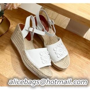 Best Grade Loewe Anagram Espadrilles Wedge Sandals in Calfskin and Canvas White 125036