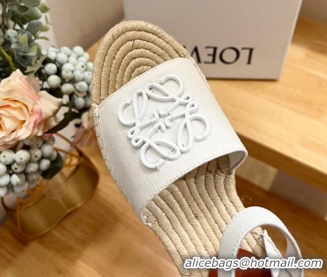 Best Grade Loewe Anagram Espadrilles Wedge Sandals in Calfskin and Canvas White 125036