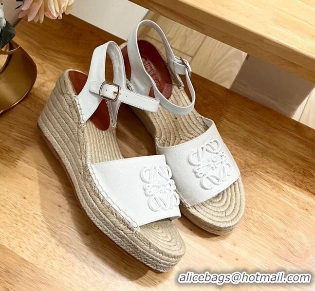 Best Grade Loewe Anagram Espadrilles Wedge Sandals in Calfskin and Canvas White 125036