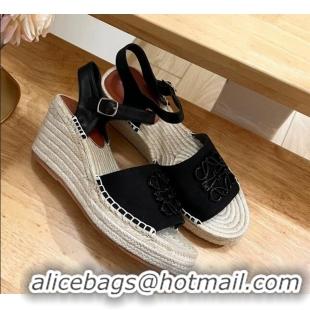 Shop Duplicate Loewe Anagram Espadrilles Wedge Sandals in Calfskin and Canvas Black 125037