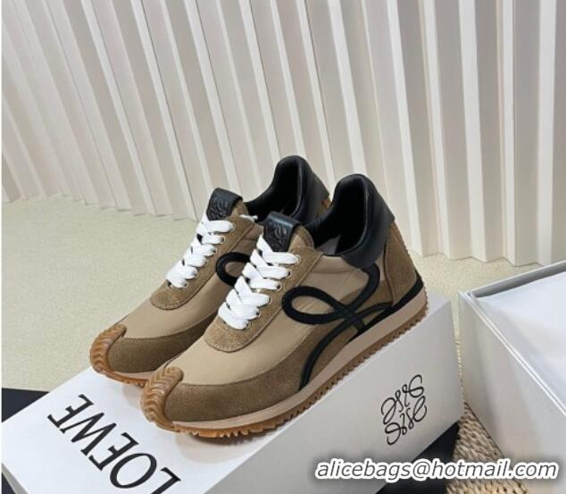 Classic Hot Loewe Flow Runner Sneakers in Nylon and Suede Beige/Kaki/Black 129037