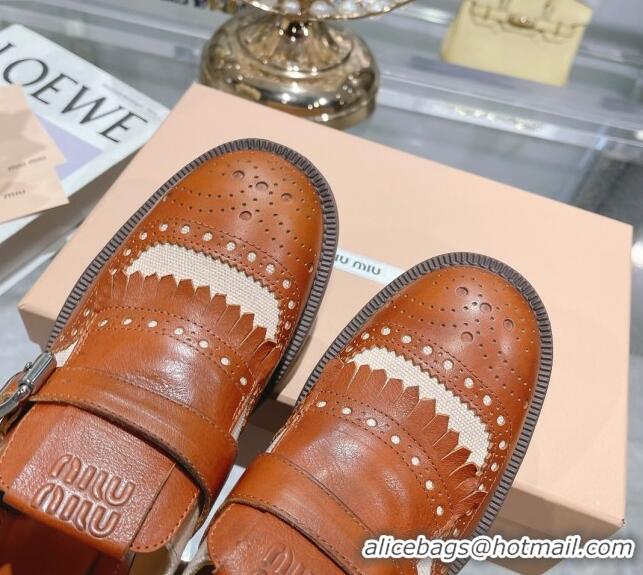 Good Quality Miu Miu Loafers in Cutout Calfskin and Canvas Brown 104113