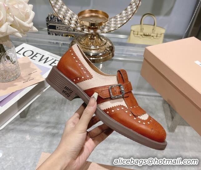 Good Quality Miu Miu Loafers in Cutout Calfskin and Canvas Brown 104113