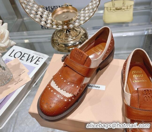 Good Quality Miu Miu Loafers in Cutout Calfskin and Canvas Brown 104113