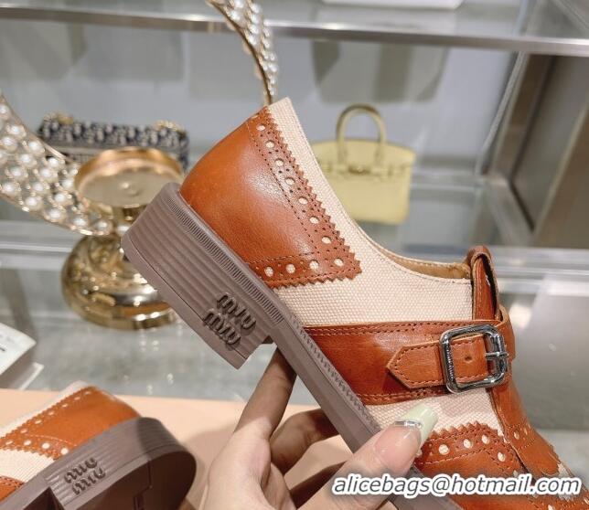 Good Quality Miu Miu Loafers in Cutout Calfskin and Canvas Brown 104113