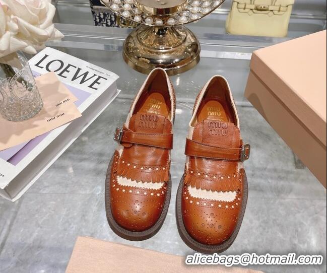 Good Quality Miu Miu Loafers in Cutout Calfskin and Canvas Brown 104113