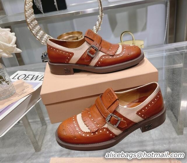 Good Quality Miu Miu Loafers in Cutout Calfskin and Canvas Brown 104113