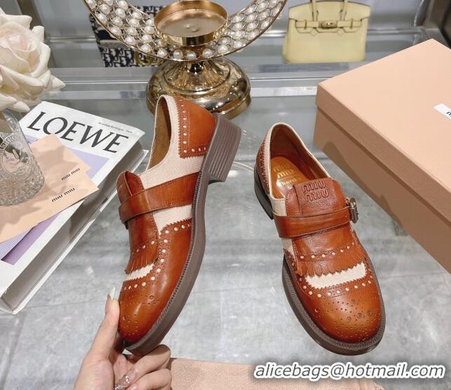 Good Quality Miu Miu Loafers in Cutout Calfskin and Canvas Brown 104113