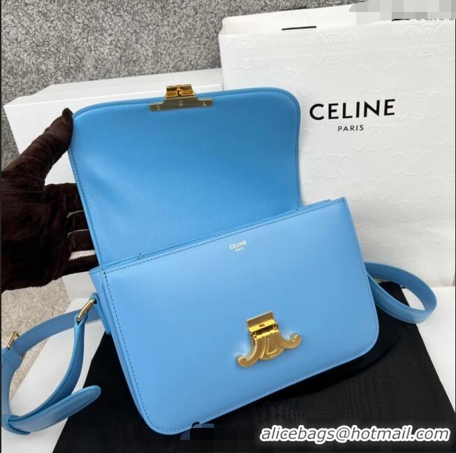 Buy Discount Celine Medium Teen Cuir Triomphe Bag in Shiny Calfskin 187366 Sky Blue/Gold