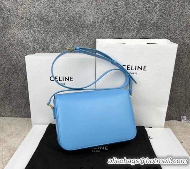 Buy Discount Celine Medium Teen Cuir Triomphe Bag in Shiny Calfskin 187366 Sky Blue/Gold